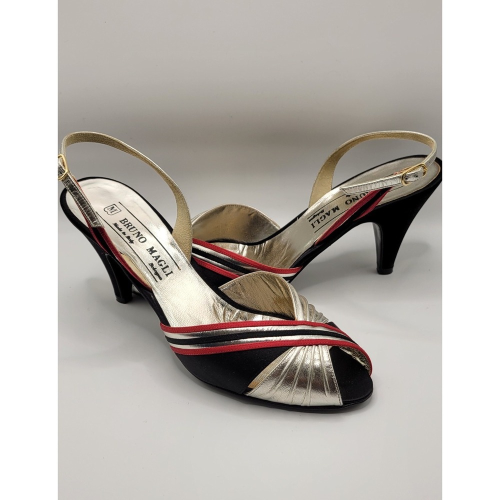 Vintage Black Red Gold Leather Satin Bruno Magli Slingback Sandals Size 7B